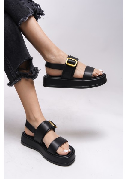 Kadın Siyah Suni Deri Tokalı Sandalet – Rahat Kalın Tabanlı, Yazlık ve Günlük Kullanıma Uygun 0012785 modelleri
