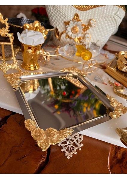 Gümüş Gold Güllü Detaylı 18/10 Çelik Kahve Sunum Tepsisi 1 Adet Klasik