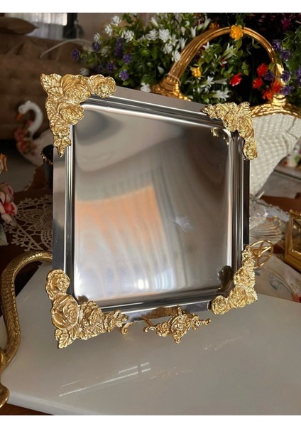 Gümüş Gold Güllü Detaylı 18/10 Çelik Kahve Sunum Tepsisi 1 Adet Klasik
