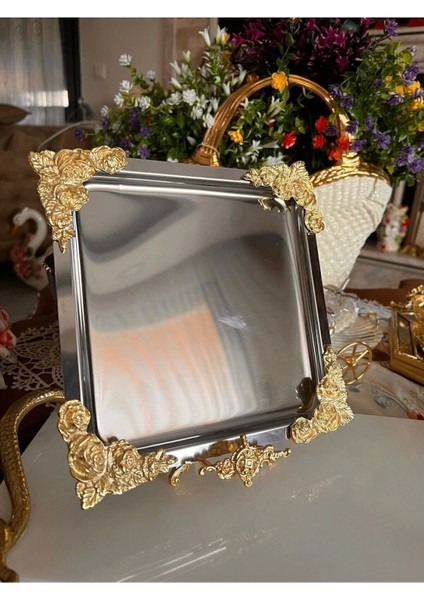 Gümüş Gold Güllü Detaylı 18/10 Çelik Kahve Sunum Tepsisi 1 Adet Klasik