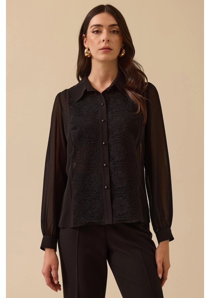 Kadın Dantel Detaylı Düğmeli Şifon Gömlek 0020 Siyah fiyatları