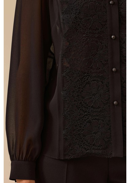 Kadın Dantel Detaylı Düğmeli Şifon Gömlek 0020 Siyah modelleri