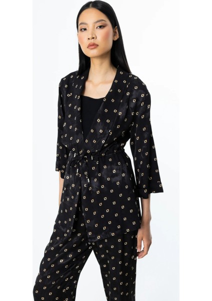 Kadın Beli Bağcıklı Desenli Ceket 4242 Siyah