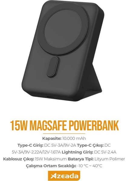Azeada PD-V12 10000MAH Kablosuz 15W Hızlı Şarjlı Power Bank -Siyah