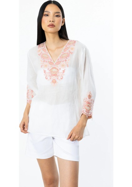 Kadın Nakış Detaylı Keten Bluz 3936 Ekru