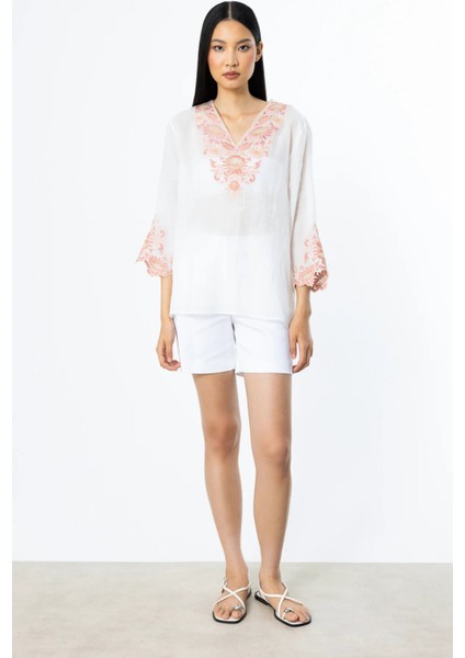 Kadın Nakış Detaylı Keten Bluz 3936 Ekru modelleri