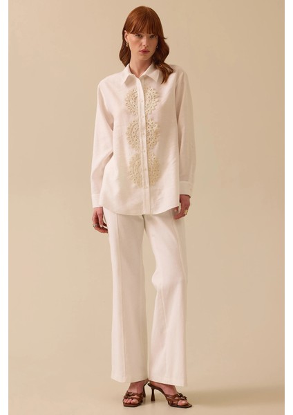 Kadın Dantel Detaylı Düğmeli Keten Gömlek 0029 Ekru