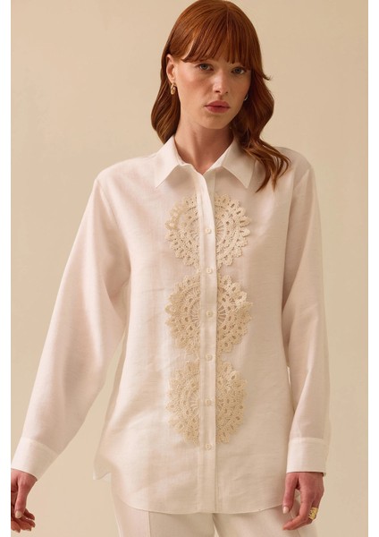 Kadın Dantel Detaylı Düğmeli Keten Gömlek 0029 Ekru fiyatları