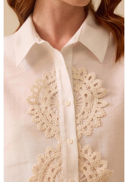 Kadın Dantel Detaylı Düğmeli Keten Gömlek 0029 Ekru modelleri