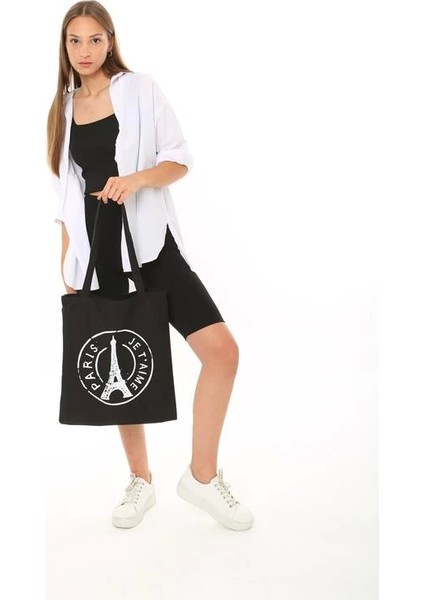 Baghashtag Siyah Bez Çanta Paris Baskılı