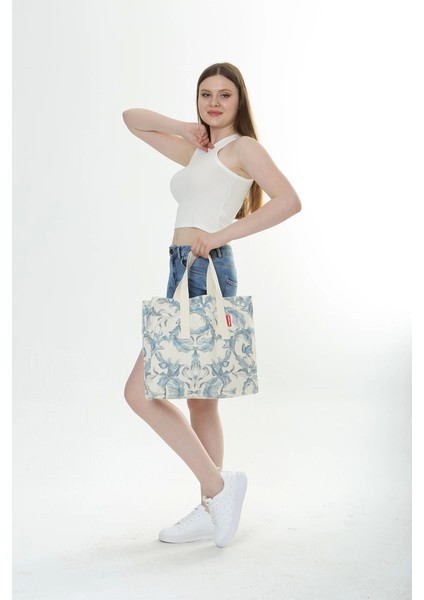Baghashtag Krem Çiçek Baskılı Gabardin Bez Çanta