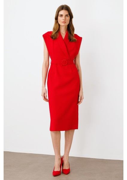 Moda Ilgi Kadın Kol Ağzı Boncuk Aksesuar Detaylı Elbise 0015 Kırmızı
