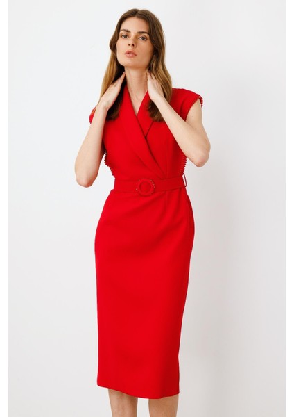 Moda Ilgi Kadın Kol Ağzı Boncuk Aksesuar Detaylı Elbise 0015 Kırmızı fiyatları