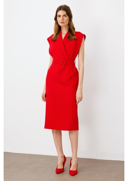 Moda Ilgi Kadın Kol Ağzı Boncuk Aksesuar Detaylı Elbise 0015 Kırmızı modelleri