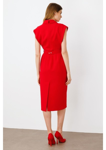 Moda Ilgi Kadın Kol Ağzı Boncuk Aksesuar Detaylı Elbise 0015 Kırmızı fırsatları
