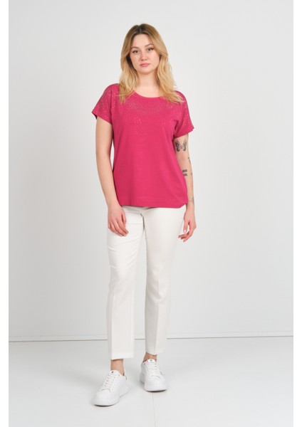 Kadın Düşük Kollu Taş Süsleme Detaylı Bisiklet Yaka Bluz 24E116 Fuşya