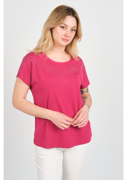 Kadın Düşük Kollu Taş Süsleme Detaylı Bisiklet Yaka Bluz 24E116 Fuşya modelleri