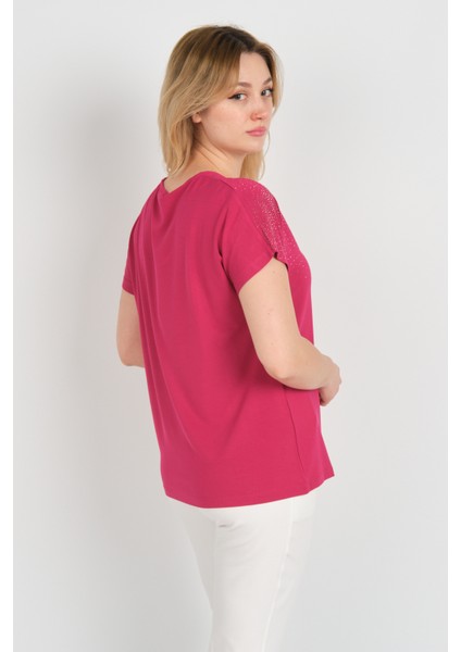 Kadın Düşük Kollu Taş Süsleme Detaylı Bisiklet Yaka Bluz 24E116 Fuşya fırsatları