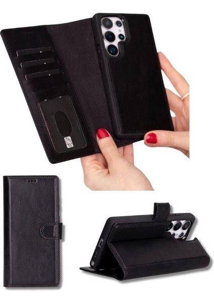 Samsung Galaxy S25 Ultra Uyumlu, Hakiki Deri, El Yapımı, Cüzdanlı Kılıf, Parlak Siyah