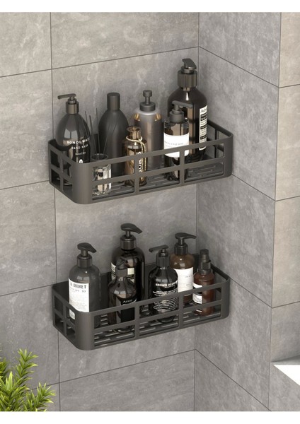 Banyo Duş Rafı 2'li Yapışkanlı ve Deliksiz Duş Organizer Suya Dayanıklı Siyah Raf