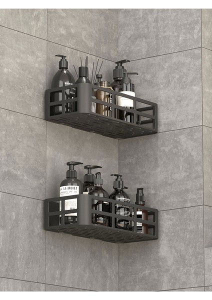 Banyo Duş Rafı 2'li Yapışkanlı ve Deliksiz Duş Organizer Suya Dayanıklı Siyah Raf