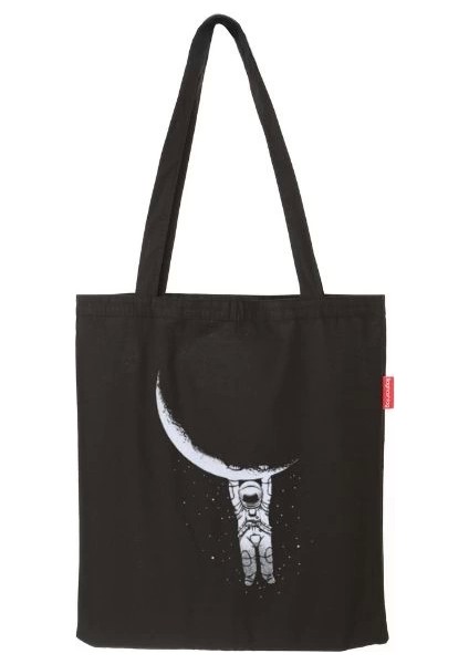 Baghashtag Aya Tutunan Astronot Baskılı Siyah Bez Çanta