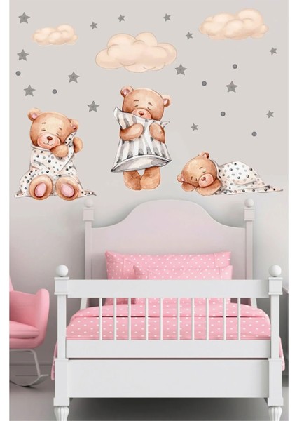 Büyük Boy 3'lü Uyuyan Ayıcık Bulutlar ve Yıldızlar Çocuk Bebek Odası Sticker Seti