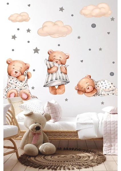 Büyük Boy 3'lü Uyuyan Ayıcık Bulutlar ve Yıldızlar Çocuk Bebek Odası Sticker Seti