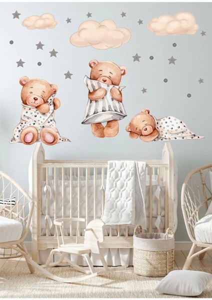 Büyük Boy 3'lü Uyuyan Ayıcık Bulutlar ve Yıldızlar Çocuk Bebek Odası Sticker Seti