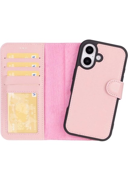 Apple iPhone 16 Plus Uyumlu, Hakiki Deri, El Yapımı, Cüzdanlı Kılıf, Toz Pembe