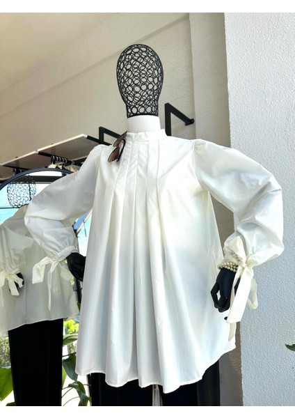 Kolları Bağlamalı Pileli Gömlek Ekru