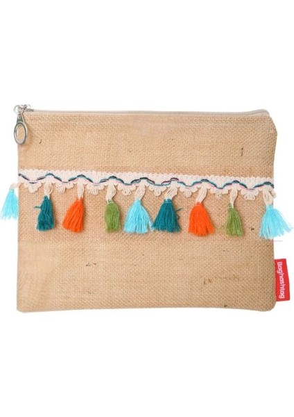 Baghashtag Renkli Pon Pon Püsküllü Jüt Clutch Bez Çanta