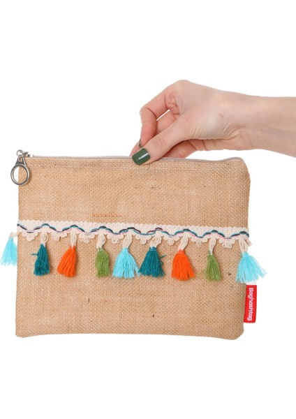 Baghashtag Renkli Pon Pon Püsküllü Jüt Clutch Bez Çanta