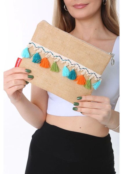 Baghashtag Renkli Pon Pon Püsküllü Jüt Clutch Bez Çanta