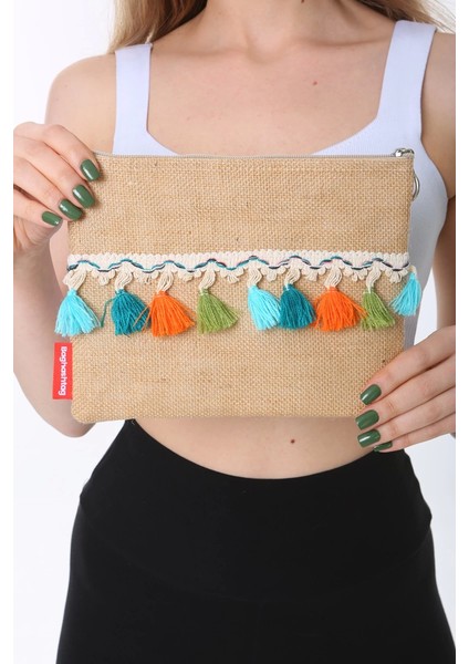 Baghashtag Renkli Pon Pon Püsküllü Jüt Clutch Bez Çanta