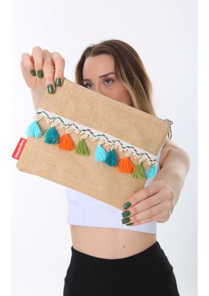 Baghashtag Renkli Pon Pon Püsküllü Jüt Clutch Bez Çanta