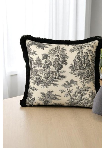 Siyah Püsküllü Fransız Köylüler Baskılı Keten Kırlent Kılıfı fiyatları