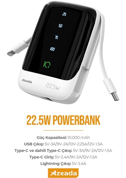 Azeada AZ-P01 22,5W Hızlı Şarjlı 10000MAH Power Bank Dahili Kablolu