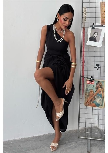 Tek Omuzlu Pile Detay Maxi Elbise fiyatları