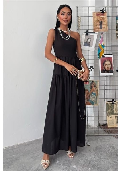 Tek Omuzlu Pile Detay Maxi Elbise indirimleri