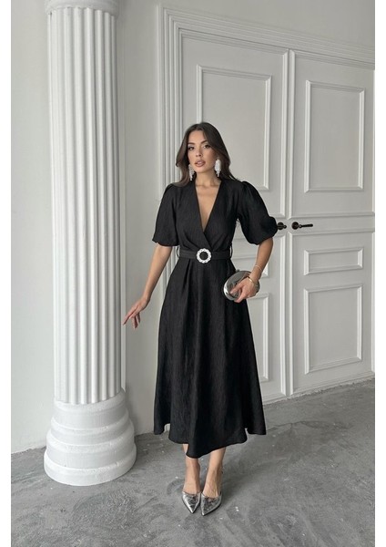 Siyah Işıltılı Kemerli Kruvaze Elbise fiyatları