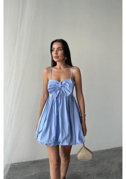 Mavi Önü Fiyonklu Askılı Elbise fırsatları