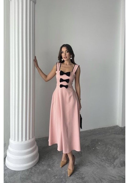 Pudra Fiyonk Garnili Dantelli Elbise
