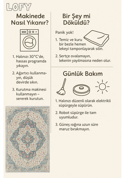 Vintage Mavi Klasik Halı – Kaymaz & Yıkanabilir | Robot Süpürge Uyumlu, Bebek ve Evcil Dostu