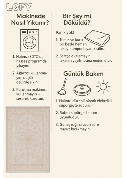 Krem Klasik Desenli Halı – Şık & Zamansız Tasarım | Kaymaz, Yıkanabilir, Bebek Dostu
