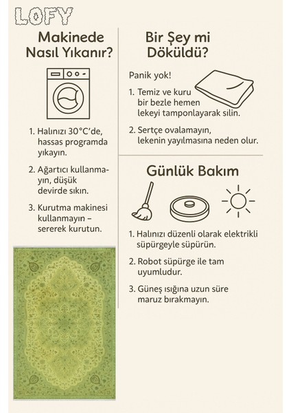 Yeşil Tonlu Klasik Desenli Halı – Canlı & Zarif Görünüm | Kaymaz, Yıkanabilir, Evcil ve Bebek Dostu
