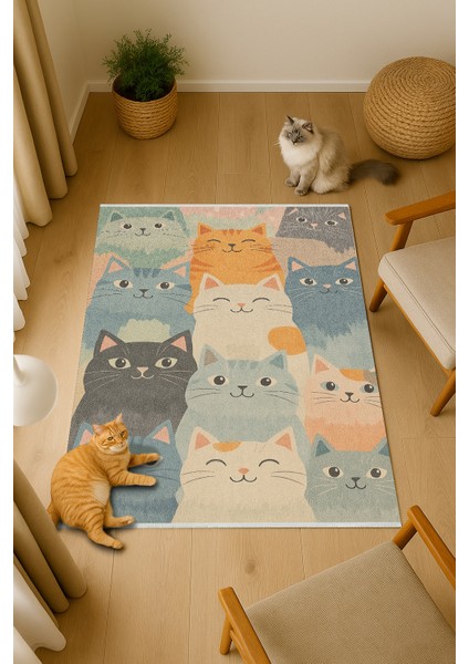 Sevimli Kedi Desenli Halı – Renkli ve Neşeli Tasarım | Kaymaz, Yıkanabilir, Evcil & Bebek Dostu