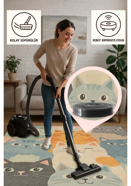 Sevimli Kedi Desenli Halı – Renkli ve Neşeli Tasarım | Kaymaz, Yıkanabilir, Evcil & Bebek Dostu