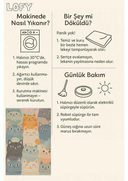 Sevimli Kedi Desenli Halı – Renkli ve Neşeli Tasarım | Kaymaz, Yıkanabilir, Evcil & Bebek Dostu