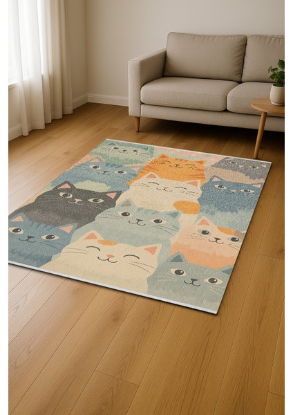 Sevimli Kedi Desenli Halı – Renkli ve Neşeli Tasarım | Kaymaz, Yıkanabilir, Evcil & Bebek Dostu